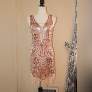 Rose Gold Flapper Dress with Fringe
